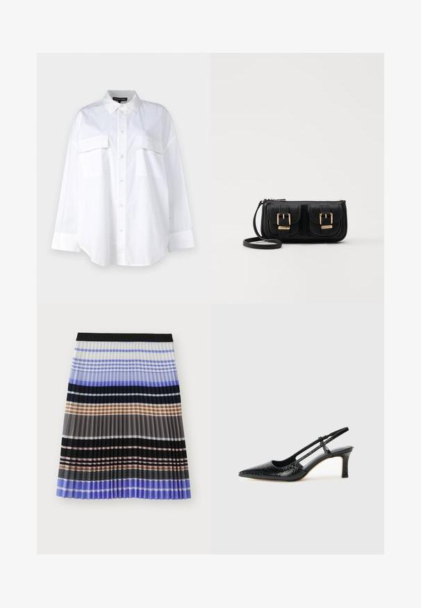 Camicia bianca in cotone, con colletto classico, due tasche sul petto e maniche lunghe con polsini. Tessuto liscio.; MUNTHE MARMING - Gonna a campana - multi-coloured; Slingback con tacco in vernice nera con punta affusolata, caratterizzato da una stampa a serpente testurizzata, cinturino regolabile e un tacco corto e testurizzato.; Borsa a tracolla nera in pelle con due tasche frontali, fibbie dorate, chiusura con zip e una tracolla sottile. Superficie texturizzata e forma rettangolare compatta.