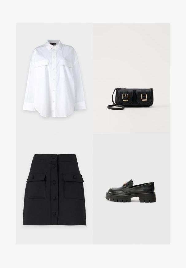 White button-up shirt made of cotton, featuring a classic collar, two chest pockets, and long sleeves with cuffs. Smooth texture.; Black mini skirt made of textured fabric featuring a front button closure, two flap pockets, and a fitted silhouette.; Black leather loafers with a chunky sole, featuring a gold-tone accent on the front and a smooth finish. Chunky tread design on the sole.; Black leather crossbody bag with two front pockets, gold buckles, zipper closure, and a slim strap. Textured surface and compact rectangular shape.