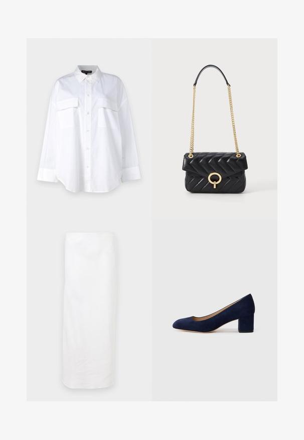 Bela srajca s gumbi, izdelana iz bombaža, z klasičnim ovratnikom, dvema žepoma na prsih in dolgimi rokavi s manšetami. Gladka tekstura.; Bela, kratka krila iz gladkega materiala. Ima preprost, raven dizajn z elastičnim pasom. Brez vidnih vzorcev ali okraskov.; Temno modri nubuk čevlji s koničastim nosom in srednje visokim blokom. Gladka tekstura z diskretnim sijajem in majhnim izrezom spredaj.; Črna prešita usnjena torbica z zlatim verižnim naramkom, ki ima zaokrožen zlati sponko in zapiranje na preklop. Kompaktna pravokotna oblika.