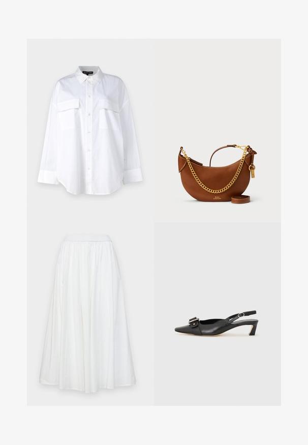 Balts pogtukša krekls, izgatavots no kokvilnas, ar klasisku apkakli, divām krūšu kabatām un garām piedurknēm ar aprocēm. Gluda tekstūra.; Balta, ceļgala garuma svārki, izgatavoti no viegla auduma. Aprīkoti ar elastīgu jostasvietu un gludām, plūstošām krokām ērtai kustībai.; Melnas ādas siksnu kurpes ar smailu pirkstu, nelielu papēdi un dekoratīvu sprādzi augšdaļā. Gluda tekstūra, minimālistisks dizains.; Brūns ādas rokassomu ar izliekta dizaina, zelta ķēdes siksnu, iekšējo kabatu un noņemamu plecu siksnu. Ievērojama kontrastējoša šuvuma detaļa.