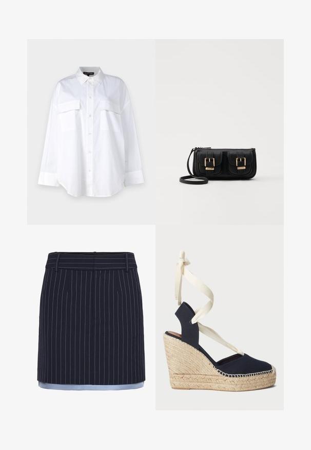 Biela košeľa na gombíky vyrobená z bavlny, s klasickým golierom, dvoma náprsníkovými vreckami a dlhými rukávmi s manžetami. Hladká textúra.; Námornícky pásikavý sukňa s rovno strihaným strihom, s svetlomodrými akcentmi na leme, vyrobená z textúrovanej tkaniny a s širokým pásom.; Námornícke plátno wedge sandále s espadrilovou jutovou podrážkou a krémovými stuhami na členku. Uzavretá päta a dizajn s okrúhlou špičkou.; Čierna kožená crossbody taška s dvoma prednými vreckami, zlatými sponami, zipsovým uzatváraním a úzkym popruhom. Štruktúrovaný povrch a kompaktný obdĺžnikový tvar.