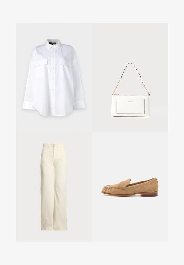 Balts pogtukša krekls, izgatavots no kokvilnas, ar klasisku apkakli, divām krūšu kabatām un garām piedurknēm ar aprocēm. Gluda tekstūra.; Polo Ralph Lauren COTTON CORDUROY WIDE-LEG PANT - Auduma bikses - warm white; Gaišbeige zamšas loafers ar noapaļotu purngalu, priekšējo siksnu akcentu un zemu koka papēdi. Gluda tekstūra un minimālas šuvju detaļas.; Baltā ādas rokassomu ar teksturētu apdari, ar zelta ķēdes siksnu un melniem akcentiem. Iekļauj priekšējo kabatu un aizdari ar rāvējslēdzēju.