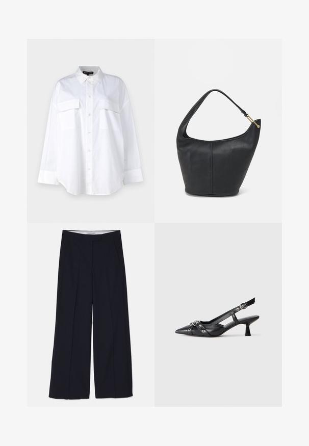 Chemise blanche à boutons en coton, présentant un col classique, deux poches poitrine et des manches longues avec poignets. Texture lisse.; Pantalons larges bleu marine en tissu lisse et léger. Comprend des poches latérales et une taille ajustée au design épuré.; Chaussure slingback en cuir noir avec un bout pointu, des sangles décoratives avec œillets en métal et un petit talon carré. Surface texturée.; Sac à main en cuir noir avec une forme arrondie, une large bandoulière et une finition texturée. Présente un détail de couture subtil et un accent en métal doré.