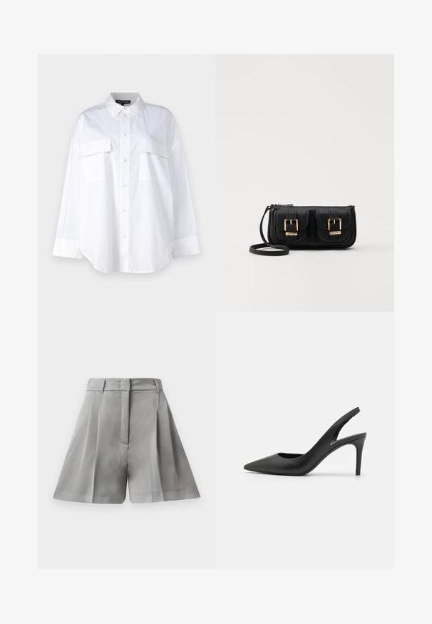 Hvit knapp-up skjorte laget av bomull, med klassisk krage, to brystlommer og lange ermer med mansjetter. Glatt tekstur.; Grå plissert shorts laget av glatt stoff, med høy midje, frontlommer og skreddersydd design med rene linjer.; Sorte skinnslingback hæler med spiss tå-design, som har et utsnitt foran og en tynn stilettohæl.; Svart skinn crossbody veske med to frontlommer, gyldne spenner, glidelåslukking og en slank stropp. Teksturert overflate og kompakt rektangulær form.