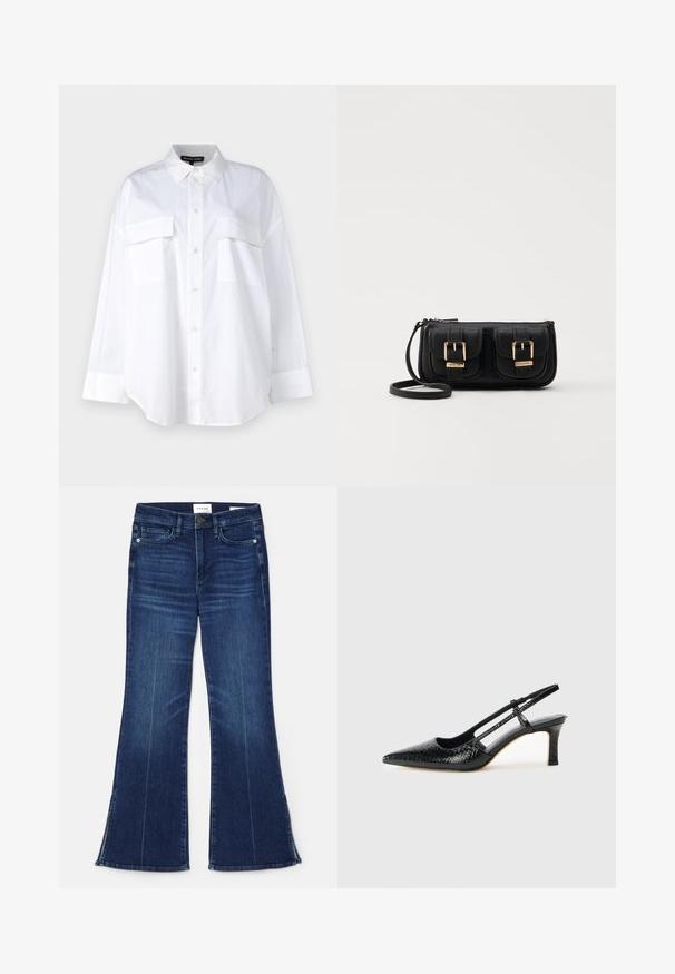 Camicia bianca in cotone, con colletto classico, due tasche sul petto e maniche lunghe con polsini. Tessuto liscio.; Jeans a zampa d'elefante blu scuro in denim. Caratterizzati da una vita alta, tasche anteriori e dettagli con spacco all'orlo. Design classico a cinque tasche.; Slingback con tacco in vernice nera con punta affusolata, caratterizzato da una stampa a serpente testurizzata, cinturino regolabile e un tacco corto e testurizzato.; Borsa a tracolla nera in pelle con due tasche frontali, fibbie dorate, chiusura con zip e una tracolla sottile. Superficie texturizzata e forma rettangolare compatta.