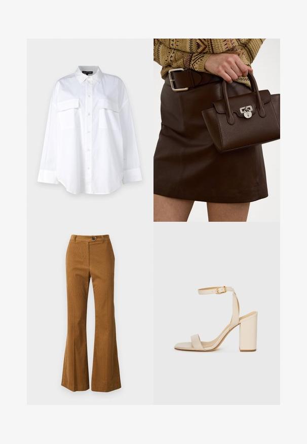 Chemise blanche à boutons en coton, présentant un col classique, deux poches poitrine et des manches longues avec poignets. Texture lisse.; Pantalons évasés marron en tissu texturé, dotés d'une fermeture à bouton et d'une taille épurée.; Sandale à talon haut beige avec un bout carré, une fine bride de cheville et un talon carré. Texture en cuir lisse avec un détail de boucle dorée.; Sac en cuir marron avec une finition texturée et des accessoires en argent, tenu à la main à côté d'une jupe en cuir marron et d'un pull à motifs.