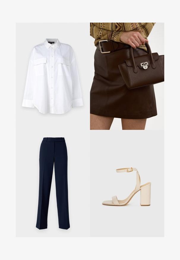 Biela košeľa na gombíky vyrobená z bavlny, s klasickým golierom, dvoma náprsníkovými vreckami a dlhými rukávmi s manžetami. Hladká textúra.; Námornícke nohavice z hladkej tkaniny, s rovnými nohavicami, pásom so slučkami na opasok a predným záhybom.; Béžové sandále na vysokom opätku so štvorcovou špičkou, tenkým remienkom na členku a blokovým opätkom. Hladká kožená textúra s detailom zlatého spony.; Hnedá kožená kabelka s textúrovaným povrchom a striebornými detailmi, držiaca sa v ruke vedľa hnedej koženej sukne a vzorovanej svetre.