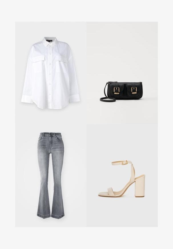 Camisa blanca de botones de algodón, con cuello clásico, dos bolsillos en el pecho y mangas largas con puños. Textura suave.; LIU JO PANT AUTHENTIC BEAT - Vaqueros bootcut - grey; Sandalia de tacón alto beige con punta cuadrada, tira delgada en el tobillo y tacón ancho. Textura de cuero suave con un detalle de hebilla dorada.; Bolso cruzado de cuero negro con dos bolsillos frontales, hebillas doradas, cierre de cremallera y una correa delgada. Superficie texturizada y forma rectangular compacta.