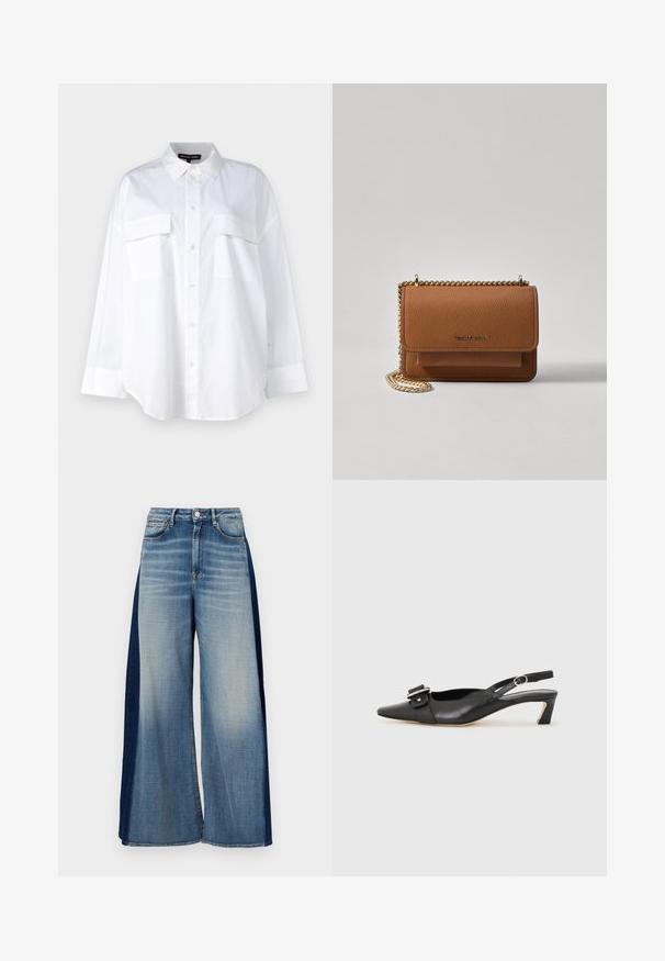 Λευκό πουκάμισο με κουμπιά, φτιαγμένο από βαμβάκι, με κλασικό γιακά, δύο τσέπες στο στήθος και μακριά μανίκια με μανσέτες. Λείος υφάσματος.; Ιδιωτικό τζιν παντελόνι με φαρδιά πόδια που διαθέτει διχρωμία, ανοιχτό μπλε μπροστινό μέρος και σκούρα μπλε πλευρικές πάνες, με κλασική μέση και κλείσιμο με κουμπί.; Μαύρο δερμάτινο παπούτσι slingback με μυτερή μύτη, μικρό τακούνι και διακοσμητική αγκράφα στο πάνω μέρος. Σmooth υφή, μινιμαλιστικός σχεδιασμός.; Καφέ δερμάτινη τσάντα χιαστί με υφή, με χρυσή αλυσίδα στον ιμάντα και κλείσιμο με καπάκι. Στο μπροστινό μέρος υπάρχει λεπτομέρεια με λογότυπο και μία τσέπη κάτω από το καπάκι.