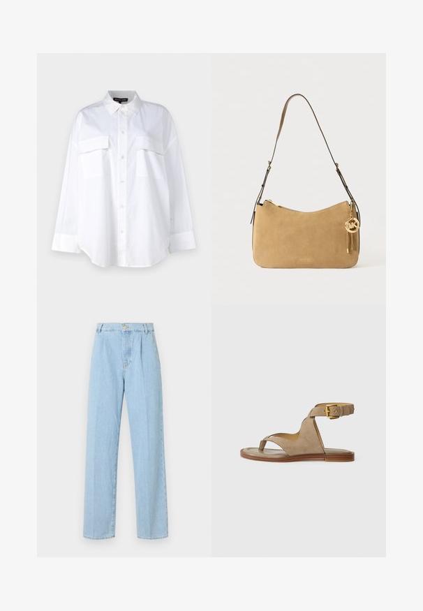 Λευκό πουκάμισο με κουμπιά, φτιαγμένο από βαμβάκι, με κλασικό γιακά, δύο τσέπες στο στήθος και μακριά μανίκια με μανσέτες. Λείος υφάσματος.; Ανοικτό μπλε τζιν παντελόνι με ψηλή μέση, σχέδιο ίσιας γραμμής, πιέτες μπροστά και φερμουάρ με κλείσιμο ενός κουμπιού.; Μπεζ σουέντ σανδάλι με θηλιά για το δάχτυλο, ανοιχτές πλευρές και φαρδύ λουρί στον αστράγαλο με χρυσό κούμπωμα. Ίσια καφέ σόλα με ελαφριά κλίση.; Τα νουφέρα σουέτ τσάντα ώμου με κυρτή μορφή, χρυσά αξεσουάρ και κλείσιμο με φερμουάρ. Διαθέτει προσαρτημένο γούρι με τα αρχικά "MK."