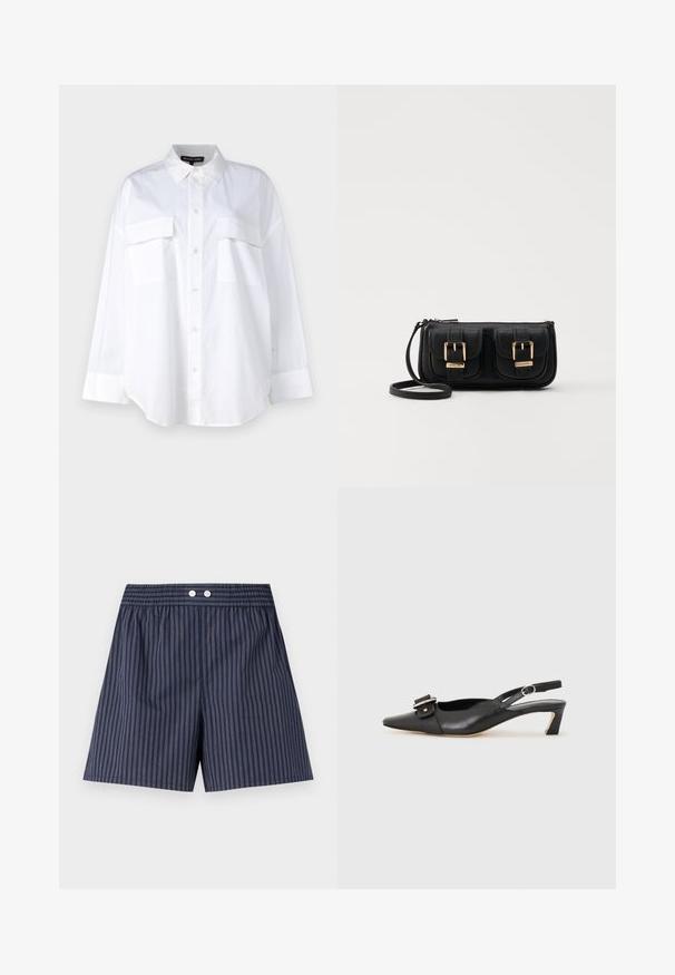 White button-up shirt made of cotton, featuring a classic collar, two chest pockets, and long sleeves with cuffs. Smooth texture.; Navy blue striped shorts with an elastic waistband, featuring two white buttons at the front, made from lightweight fabric.; Black leather slingback shoe with pointed toe, small heel, and decorative buckle detail on the upper. Smooth texture, minimalistic design.; Black leather crossbody bag with two front pockets, gold buckles, zipper closure, and a slim strap. Textured surface and compact rectangular shape.