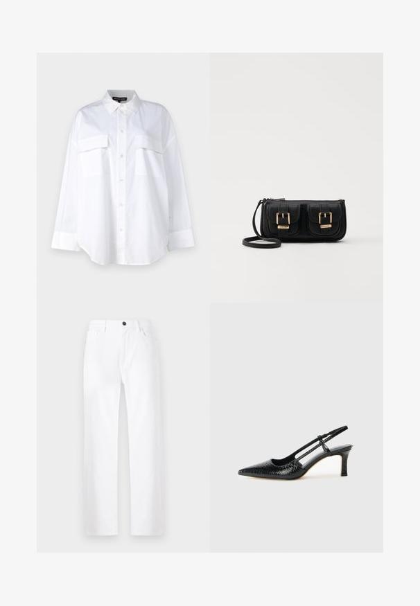 Balta mygtukinė marška, pagaminta iš medvilnės, su klasikinio stiliaus apykakle, dviem krūtinės kišenėmis ir ilgomis rankovėmis su rankogaliais. Lygaus tekstūros.; Balti plačios kojų džinsai, pagaminti iš džinsinio audinio, su mygtuko uždarymu, priekinėmis kišenėmis ir švariu dizainu be matomų raštų ar akcentų.; Juodai lakuoti slingback aukštakulniai su smailiu nosiu, su tekstūruotu gyvatės raštu, reguliuojama juosta ir trumpu, tekstūruotu blokiniu kulnu.; Juodas odinis per petį nešiojamas krepšys su dviem priekiniais kišenėmis, auksiniais sagtimis, užtrauktuko uždarymu ir siauromis petnešomis. Textūruota paviršius ir kompaktiškas stačiakampis formatas.