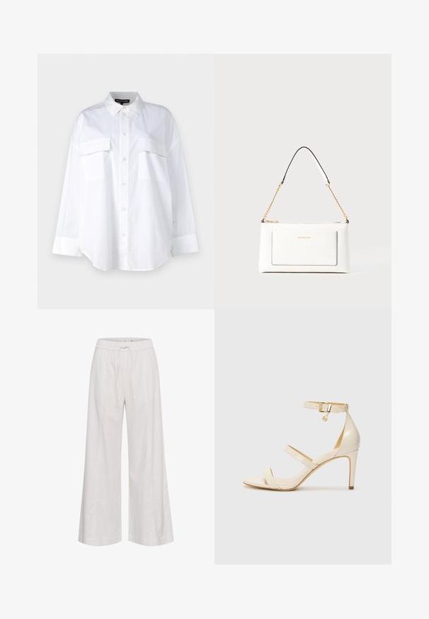 Cămașă albă cu nasturi, confecționată din bumbac, cu guler clasic, două buzunare pe piept și mâneci lungi cu manșete. Textură netedă.; Pantaloni evazați dintr-un material alb moale, dotati cu un brâu elastic cu șnur, textură netedă și fără embellishmenturi suplimentare.; Sandale cu toc înalt bej, cu curea subțire la gleznă și două curele superioare. Finisaj lucios din patent și detalii din metal auriu pe cureaua de la gleznă.; Geantă de mână din piele albă cu un finisaj texturat, având o curea din lanț aurie și accente negre. Include un buzunar frontal și închidere cu fermoar.