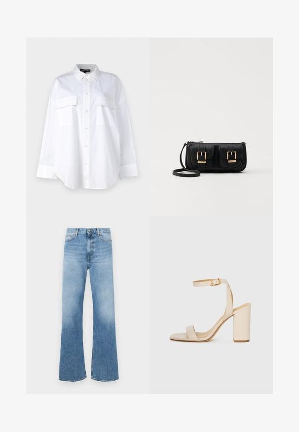 Fehér gombos ing, pamutból készült, klasszikus gallérral, két mellzsebével és hosszú ujjaival, amelyek mandzsettával rendelkeznek. Sima textúra.; Világoskék, bővülő lábú farmernadrág. Magas derék, öt zsebes kialakítás és narancssárga fém kiegészítők jellemzik. Simább textúrájú.; Beige színű magassarkú szandál négyzet alakú orral, vékony bokapánttal és tömbsarkúval. Simas bőrfelület arany csattal díszítve.; Fekete bőr keresztbody táska két elülső zsebbel, arany csattokkal, cipzáras záródással és vékony pánttal. Textúrált felület és kompakt téglalap alak.