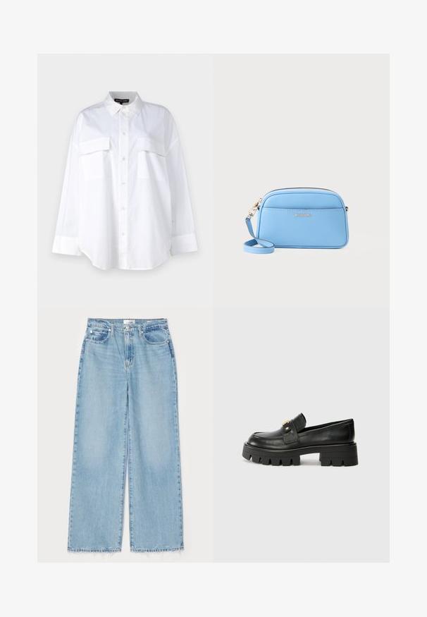Hvit knapp-up skjorte laget av bomull, med klassisk krage, to brystlommer og lange ermer med mansjetter. Glatt tekstur.; Lyseblå vidbukser laget av denim, med en frynset bunnsøm, klassisk fem-lomme-design og knappelukking i livet.; Sorte skinnloafers med en kraftig såle, med en gulltoneakcent foran og en jevn finish. Kraftig mønsterdesign på sålen.; Lys blå skinn crossover-veske med gulltonet detaljer, glidelås lukking og en frontlomme. Har justerbar stropp for ekstra bekvemmelighet.