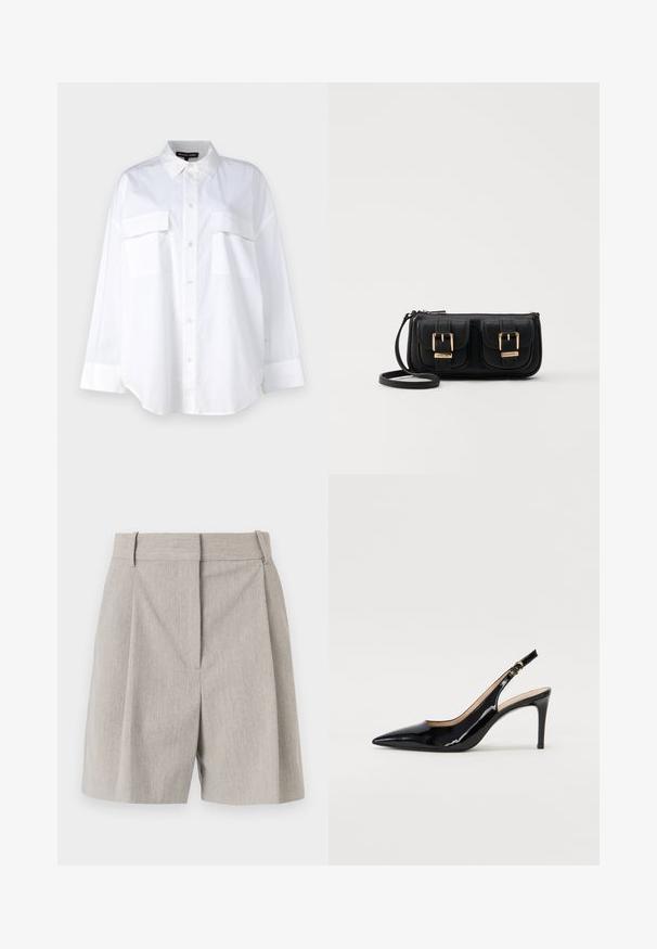 Camisa blanca de botones de algodón, con cuello clásico, dos bolsillos en el pecho y mangas largas con puños. Textura suave.; By Malene Birger POVILLE - Shorts - grey brown; Zapatos de charol negro con tirante al tobillo, punta afilada, tacón delgado y un diseño de corte sutil. Presenta una hebilla dorada en la correa.; Bolso cruzado de cuero negro con dos bolsillos frontales, hebillas doradas, cierre de cremallera y una correa delgada. Superficie texturizada y forma rectangular compacta.