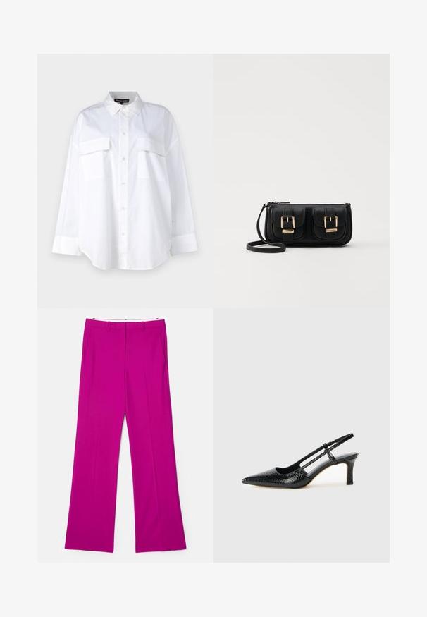 Valkoinen nappipaitapusero, joka on valmistettu puuvillasta ja jossa on klassinen kaulus, kaksi rintataskua sekä pitkät hihat, joissa on hihansuut. Suorapintainen rakenne.; Fuksia leveälahkeiset housut, joissa on sileä pinta, etutaskut ja räätälöity muotoilu rakenteellisen ilmeen saavuttamiseksi.; Musta patent slingback-kiilakorko teräväkärkisellä muotoilulla, jossa on teksturoitu käärmeennahkakuosi, säädettävä remmi ja lyhyt, teksturoitu blokkiheel.; Musta nahkainen olkalaukku, jossa on kaksi etutaskua, kultaiset soljet, vetoketjukiinnitys ja kapea hihna. Teksturoidun pinnan ja kompaktin suorakaiteen muoto.