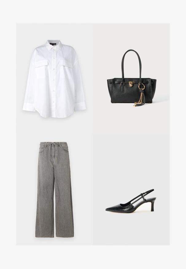Balta mygtukinė marška, pagaminta iš medvilnės, su klasikinio stiliaus apykakle, dviem krūtinės kišenėmis ir ilgomis rankovėmis su rankogaliais. Lygaus tekstūros.; Platūs pilki džinsai su aukšta juosmena, su raišteliu, dviem priekiniais kišenėmis ir subtiliais siuvinėjimo akcentais.; Juodai lakuoti slingback aukštakulniai su smailiu nosiu, su tekstūruotu gyvatės raštu, reguliuojama juosta ir trumpu, tekstūruotu blokiniu kulnu.; Juoda odinė rankinė su dviem rankenomis, auksiniu užraktu ir grandinėlės detale, bei juodai baltu kutu prieš baltą foną.