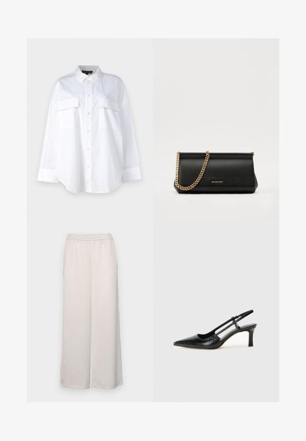 Bílá košile na knoflíky vyrobená z bavlny, s klasickým límcem, dvěma náprsními kapsami a dlouhými rukávy s manžetami. Hladká textura.; Svetle béžové kalhoty širokého střihu s elastickým pasem. Hladká tkanina, plná délka, žádné viditelné ozdoby nebo vzory.; Černé lakované slingback podpatky s špičatou špičkou, zdobené texturovaným hadím vzorem, nastavovacím páskem a krátkým texturovaným blokovým podpatkem.; Černá kožená psaníčko s zlatým řetízkem, vyznačující se hladkým povrchem, obdélníkovým tvarem a reliéfním logem na přední straně.