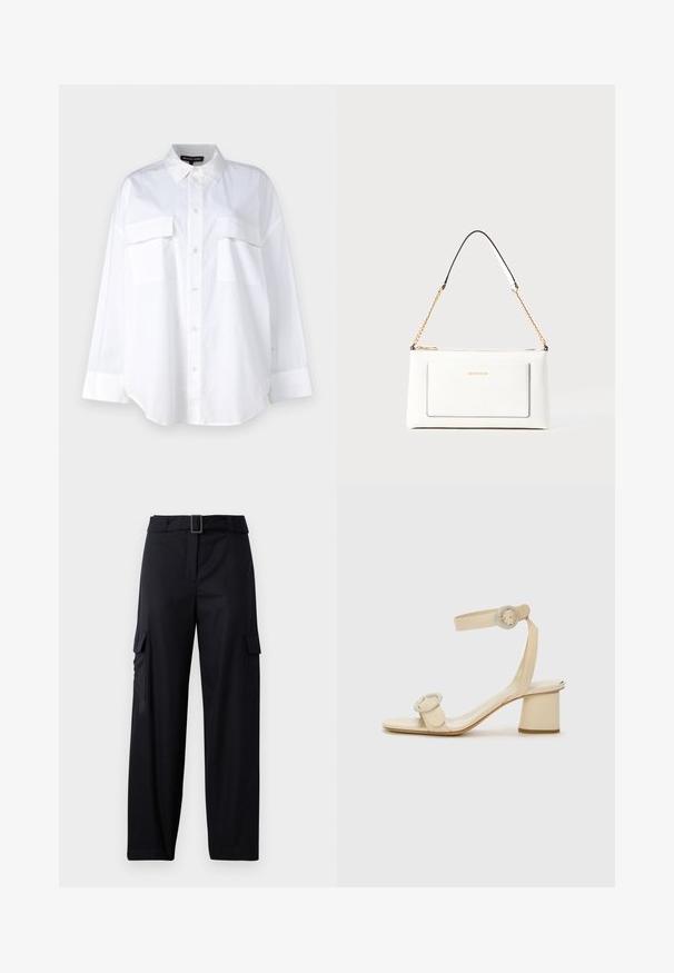 Λευκό πουκάμισο με κουμπιά, φτιαγμένο από βαμβάκι, με κλασικό γιακά, δύο τσέπες στο στήθος και μακριά μανίκια με μανσέτες. Λείος υφάσματος.; Μαύρο cargo παντελόνι με ίσια γραμμή, που διαθέτει δύο πλαϊνές τσέπες και ζώνη με ορθογώνια αγκράφα. Λείο ύφασμα.; Μπεζ ψηλοτάκουνα σανδάλια με μινιμαλιστικό σχέδιο, χαρακτηριστικά δύο κυκλικών λεπτομερειών και χοντρού τακουνιού. Κατασκευασμένα από λείο δέρμα.; Λευκή δερμάτινη τσάντα με υφή, διαθέτει χρυσή αλυσίδα και μαύρες λεπτομέρειες. Περιλαμβάνει μπροστινή τσέπη και κλείσιμο με φερμουάρ.