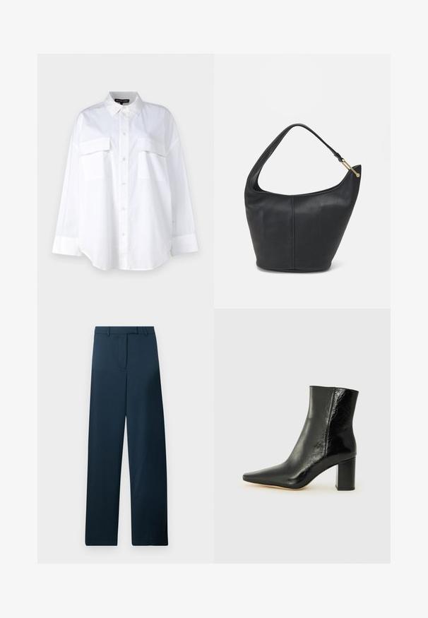 Vit skjorta med knäppning framtill, tillverkad av bomull, med klassisk krage, två bröstfickor och långa ärmar med manschetter. Slät textur.; Marinblå vida byxor med en slät textur, rak front och bälteshällor. Har en minimalistisk design utan synliga mönster eller accenter.; Svarta ankelboots i glänsande läder med spetsig tå och kraftig, fyrkantig klack. Har en slät yta och en minimalistisk design.; Svart läderhandväska med rundad form, bred axelrem och texturerad yta. Har en diskret sömdetalj och accenter i guldton.