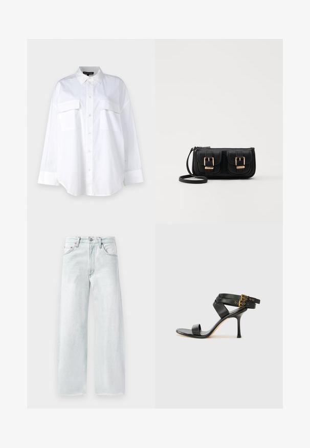 Camisa branca de botão, feita de algodão, com colarinho clássico, dois bolsos no peito e mangas longas com punhos. Textura suave.; Jeans de perna larga de tom azul claro feitos de denim. Apresenta uma cintura com botão, cinco bolsos e uma bainha desfiada. Costura tonal subtil.; Sandal preto de salto alto com tiras cruzadas e fivela ajustável. Apresenta uma textura suave e um salto agulha afilado.; Bolsa de ombro em couro preto com dois bolsos frontais, fivelas douradas, fecho de zíper e uma alça fina. Superfície texturizada e forma retangular compacta.