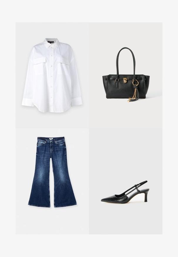 Weißes Button-Up-Hemd aus Baumwolle, mit klassischem Kragen, zwei Brusttaschen und langen Ärmeln mit Manschetten. Glatte Textur.; RE/DONE BAGGY FLARE - Flared Jeans - monterey fade; Schwarze Lack-Slingback-Pumps mit spitzem Zehenbereich, versehen mit strukturiertem Schlangenprint, verstellbarem Riemen und einem kurzen, strukturierten Blockabsatz.; Schwarze Lederhandtasche mit doppelten Griffen, goldfarbener Verschluss- und Kettendetails sowie einem schwarz-weißen Quastenaccessoire vor weißem Hintergrund.