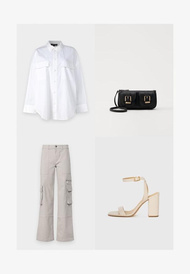White button-up shirt made of cotton, featuring a classic collar, two chest pockets, and long sleeves with cuffs. Smooth texture.; Light gray cargo pants with wide legs, multiple pockets, and a textured fabric finish. Features visible stitching and a button closure.; Beige high-heeled sandal with a square toe, thin ankle strap, and block heel. Smooth leather texture with a gold buckle detail.; Black leather crossbody bag with two front pockets, gold buckles, zipper closure, and a slim strap. Textured surface and compact rectangular shape.