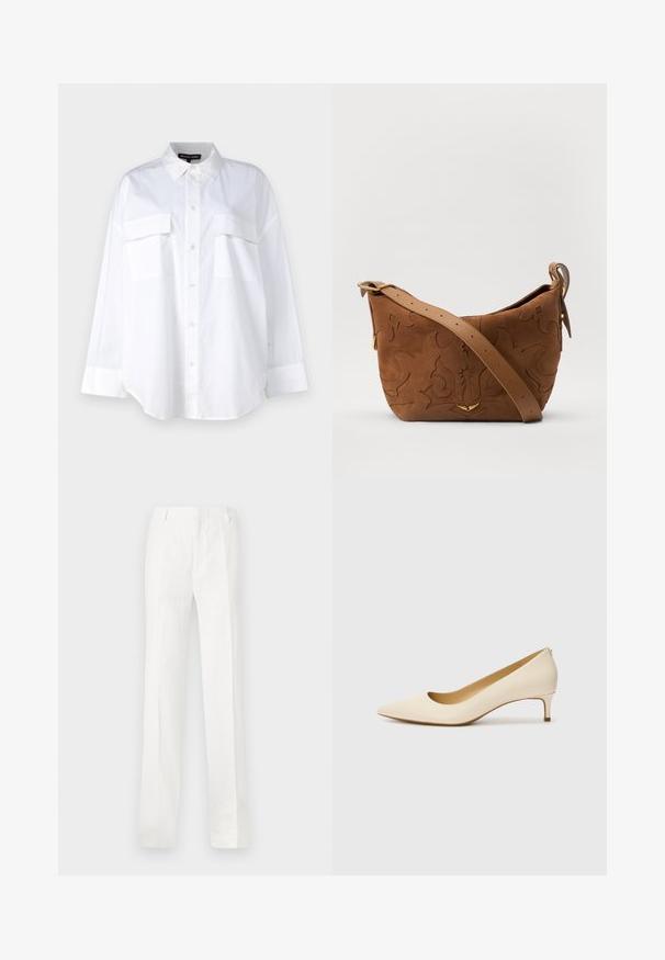Valge puuvillane särk, millel on klassikaline krae, kaks rinna taskut ja pikad varrukad mansettidega. Sile tekstuur.; Valged sirged püksid, mis on valmistatud kergest kangast. Omavad lamedat esiosa, vööde materjale ning pole nähtavaid mustreid ega kaunistusi.; Beige teravikuga kingad, mis on valmistatud siledast sünteetilisest materjalist, madala kontsaga ja libistatava disainiga, millel on tagasihoidlik seljaosa detail.; Pruun sametist õlavarre kott, millel on reljeefne lillemuster, mida täiendab sile pruun nahast rihm ja kuldse tooni lisandid.