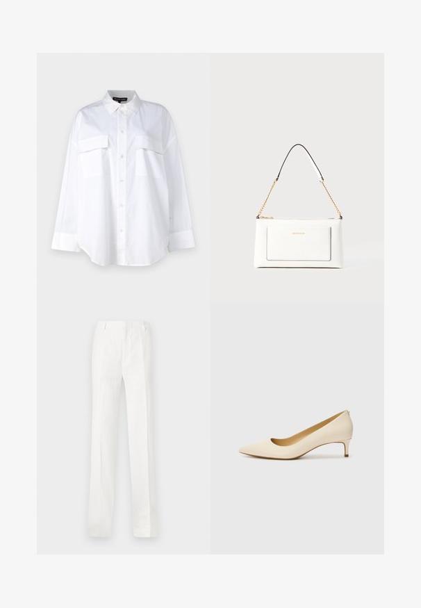 Camicia bianca in cotone, con colletto classico, due tasche sul petto e maniche lunghe con polsini. Tessuto liscio.; Pantaloni bianchi a gamba dritta realizzati in un tessuto leggero. Presentano una linea frontale piatta, passanti per cintura e nessun motivo o decorazione visibile.; Décolleté beige a punta realizzato in materiale sintetico liscio, con tacco basso e design slip-on, caratterizzato da un sottile dettaglio posteriore.; Borsa a tracolla bianca in pelle con un finish testurizzato, dotata di una tracolla in catena dorata e accenti neri. Include una tasca frontale e una chiusura con zip.