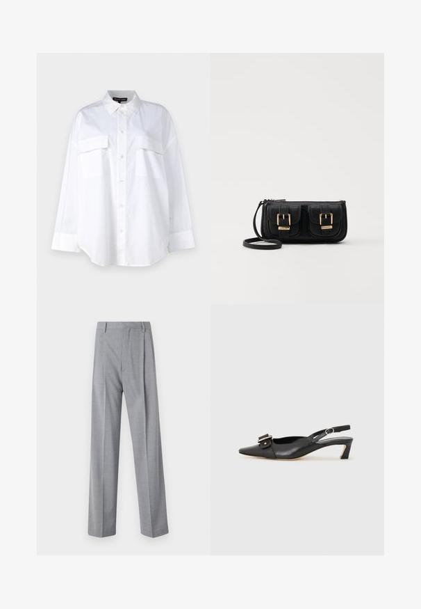 White button-up shirt made of cotton, featuring a classic collar, two chest pockets, and long sleeves with cuffs. Smooth texture.; Gray, lightweight trousers with a tailored fit, featuring a smooth texture, subtle pattern, and two front pleats for added detail.; Black leather slingback shoe with pointed toe, small heel, and decorative buckle detail on the upper. Smooth texture, minimalistic design.; Black leather crossbody bag with two front pockets, gold buckles, zipper closure, and a slim strap. Textured surface and compact rectangular shape.