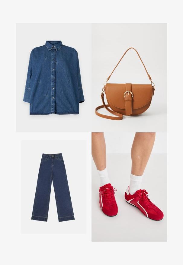 Denimhemd mit klassischem Kragen, blauer Farbe, oversized Schnitt und dekorativen herzförmigen Ausschnitten. Verfügt über Druckknöpfe und lange Ärmel.; Weite Jeans in dunkelblauem Denim. Verfügt über fünf Taschen, Gürtelschlaufen und einen rohen Saum am unteren Ende mit sichtbaren Nahtdetails.; Rote Sportschuhe mit weißen Akzenten, hergestellt aus Wildleder und Mesh. Verfügt über ein Schnürdesign und strukturierte Sohlen für besseren Halt.; Braune Leder-Crossbody-Tasche mit geschwungener Form, goldfarbenen Beschlägen und einer Schnallenakzentuierung. Verfügt über einen abnehmbaren Schultergurt.