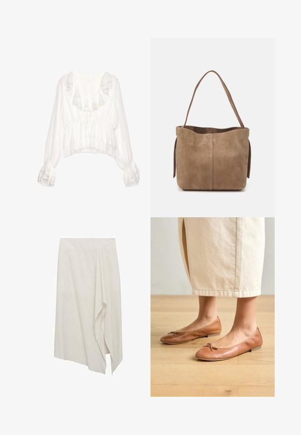 Blusa blanca con cuello y puños con volantes, presenta un diseño corto, tejido texturizado y lazos ajustables en la parte delantera y en las mangas.; Falda blanca asimétrica con rayas verticales claras, con un diseño drapeado y una textura de tela suave. Cintura sencilla, sin adornos.; Bailarinas de cuero marrón con puntera redondeada y un pequeño lazo, tacón plano y textura suave, combinadas con una falda de color claro.; Bolso tote de ante marrón con una textura suave, parte superior abierta y una sola correa de hombro. Presenta un acabado liso y un diseño minimalista.