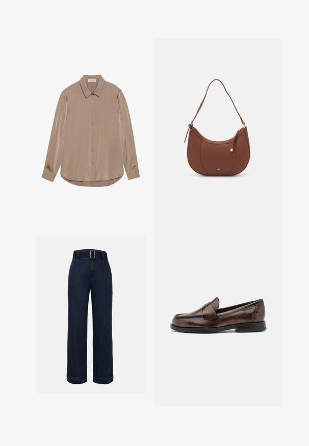 Pikendustega blusš taupe satiinist, millel on terav krae, esine nupuvajutusega kinn closure ja ringikujuline hemline. Siledat tekstuuri ja kohandatud sobivus.; Tumedate sinised kõrge vöökohaga laiad teksad, millel on vööga vöökoht, kontrastõmblused ja rullitud lõpp.; Pruunist nahast mokasiinid tekstuurse viimistlusega, ümarate varvaste ja madala musta kummitald. Omab klassikalist penny rihma disaini.; Pruun faux nahast õlaline kott, millel on kaarjas kuju, minimaalne õmblemine ja kuldse tooni metallist aksessuaar. Omab ülemist tõmblukku ja reguleeritavat rihma.