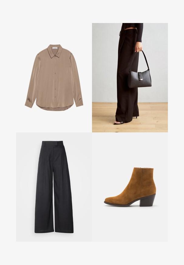 Langermet bluse i taupe sateng med spiss krage, frontlukking med knapper og avrundet nederkant. Glatt tekstur og skreddersydd passform.; Mørke, vide bukser med struktureret talje og læg. Fremstillet af letvægtsstof, der har en glat tekstur og ingen synlige mønstre.; Brune daim ankelstøvler med spiss tå og stablet hæl. Glatt tekstur med glidelås på siden for lukking. Klassisk design og form.; Svart håndveske med strukturert form, jevn tekstur og metallisk lås. Kombinert med brede svarte bukser og sandaler med åpen tå på tregulv.