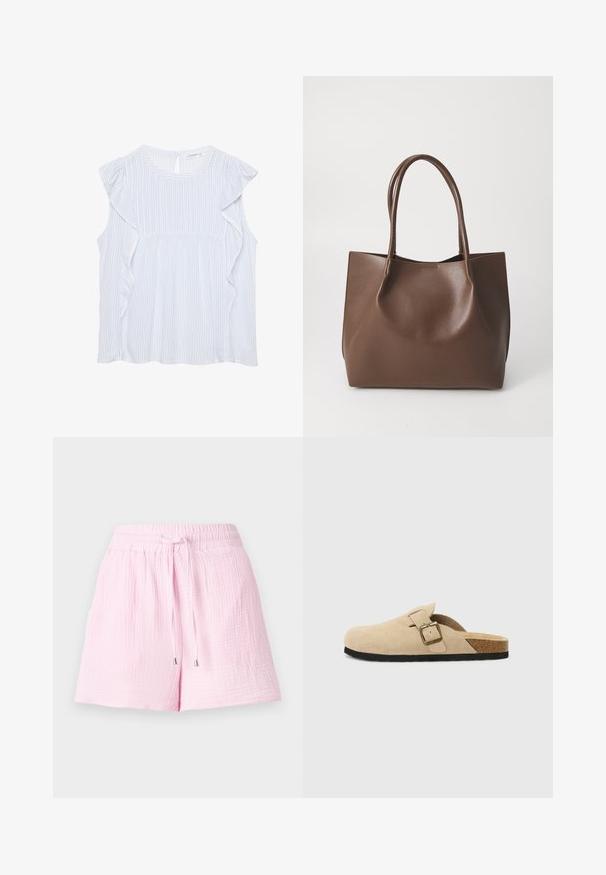 Svetlomodrá pruhovaná blúzka s okrúhlym výstrihom, volánovými ramenami a kľúčovou dierkou na zadnej strane. Látka je mäkká a ľahká.; Svetloružové šortky vyrobené z textúrovaného materiálu. Majú elastický pás s šnúrkou a striebornými koncami, navrhnuté pre pohodlie.; Bežové semišové clogs na klinoch so korkovou stielkou, zaoblenou špičkou a jednoduchým remienkom so zlatým sponou. Gumová podrážka pre lepšiu priľnavosť.; Hnedá kožená taška s dvoma dlhými uchami, štruktúrovaný tvar, hladká textura a minimalistický dizajn. Bez viditeľného hardvéru alebo akcentov.