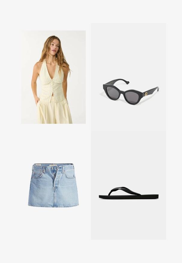 Halterový top vo svetložltej farbe s vertikálnymi pruhmi, ktorý sa vyznačuje hlbokým V-výstrihom a predným zapínaním na gombíky. Hladká tkanina s priliehavým strihom.; Svetlomodrá džínová sukňa s priliehavým pásom, dizajnom s piatimi vreckami, predným zapínaním na gombík a jemným vyblednutím po celej látke.; Čierne gumené žabky s textúrovaným popruhom a jednoduchou plochou podrážkou, zobrazené z boku na jednofarebnom svetlom pozadí.; Čierne slnečné okuliare s ostrým tvarom mačacieho oka, s tmavými tónovanými sklami. Zlatý logo akcent na stranici. Hladký plastový rám.