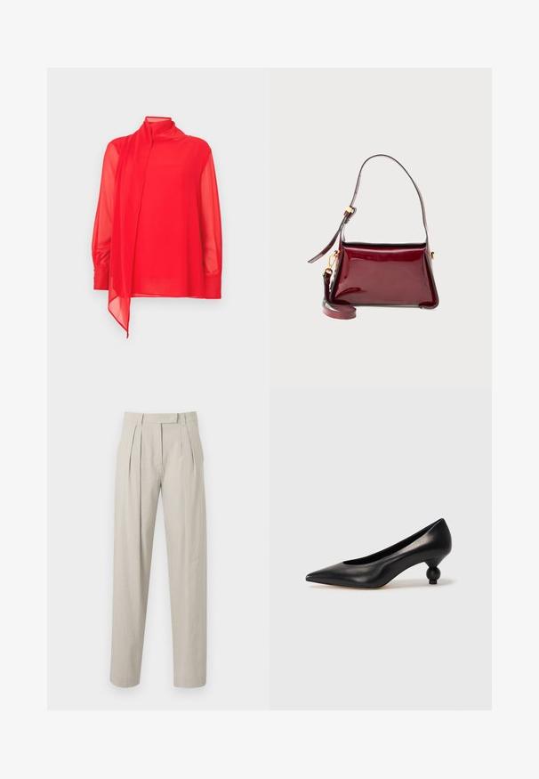 Röd, genomskinlig blus med hög krage och långa ärmar. Har ett hängande tygdetalj och knäppta manschetter. Skräddarsydd passform.; Plisserade byxor i en ljus beige linneblandning, med en rak bendesign och en mjuk yta. Inga synliga fickor eller knäppningar.; Svart läderhögklackad sko med spetsig tå och rund, bollformad klack. Slät yta med en elegant, minimalistisk design.; Bordeaux lackläderväska med en strukturerad design, ett övre blixtlåsstängning och en avtagbar axelrem. Guldhardware-accenter.