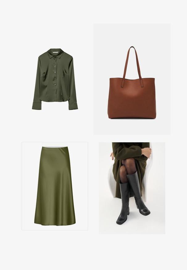 Olivengrüne Satinbluse mit Kragen, langen Ärmeln, vorderem Knopfverschluss und seitlichen Taschen. Glatte Textur mit klassischer Passform.; Olivgrüner, knielanger Satinrock mit glatter Textur und sanfter Ausbuchtung. Verfügt über einen Taillenbund und keine sichtbaren Verschlüsse oder Muster.; Knöchelhöhe schwarze Lederstiefel mit quadrater Spitze und Blockabsatz, gezeigt mit einem Modell, das einen olivgrünen Mantel trägt. Glatte Textur, minimale Details.; Braune Leder-Tote mit glatter Textur, offenem Oberteil und zwei Schulterriemen. Verfügt über minimale Nähte und keine sichtbaren Beschläge.