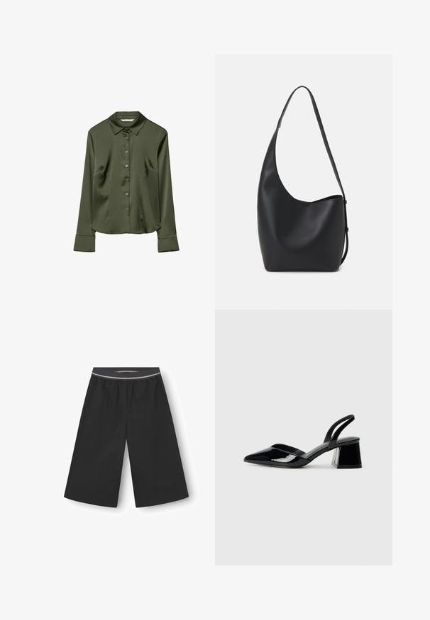 Olivnozeleni satenasti srajc s ovratnikom, dolgimi rokavi, sprednjim zapiranjem na gumb in stranskimi žepi. Gladka tekstura s klasičnim krojem.; Črne široke hlače iz lahkega materiala. Imajo elastiko v pasu z diskretno dekorativno črto. Gladka tekstura, brez žepov.; Črne lakirane slingback pete s koničastim nosom in geometrijsko blokasto peto. Imajo eleganten, minimalističen dizajn in gladko teksturo.; Črna usnjena hobo torba z gladko teksturo, ukrivljeno obliko in eno nastavljivo naramnico; ima širok odprtina na vrhu.