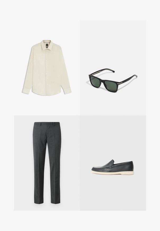 BOSS JOE KENT - Formal shirt - open white eleven; Dark gray tailored pants made of a smooth textile. Features straight legs, a flat front, and belt loops. No visible patterns or accents.; Black leather slip-on loafers with a textured finish and a contrasting beige rubber sole. Features a subtle accent along the front.; BOSS Sunglasses - black