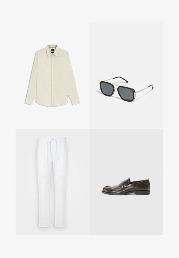 BOSS JOE KENT - Zakelijk overhemd - open white eleven; Ecoalf PANTS MAN - Broek - off white; Bordeauxleren loafers met een gladde afwerking, ronde neus, decoratieve stiksels en een contrasterende rode accenten op de hak. Rubberen zool.; Zwarte en gouden zonnebril met een vierkante vorm, metalen frame, donkergrijze lenzen en zwarte oorstukjes. Bevat een dubbele brugontwerp.