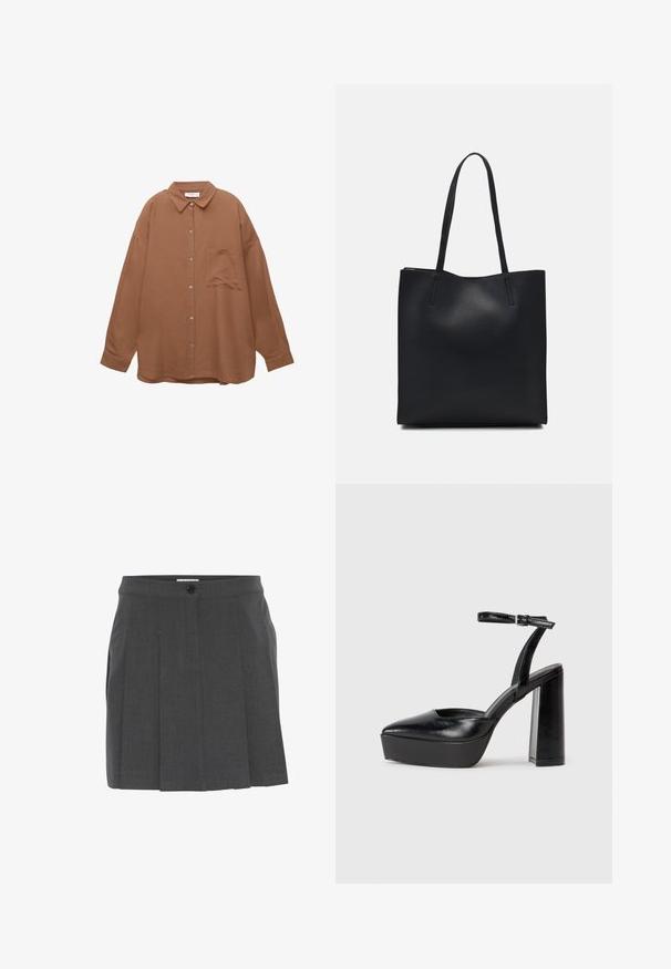 Braunes Button-Down-Shirt mit spitzem Kragen, langen Ärmeln und einer Brusttasche. Ausgestattet mit einem strukturierten Stoff und silbernen Knöpfen.; Grauer plissierter Rock mit einem Bund, ausgestattet mit einem Knopfverschluss vorne. Aus strukturierter Stoff gefertigt, konzipiert für eine taillierte Passform.; Schwarze Plateau-High Heels mit spitzem Zeh und verstellbarem Knöchelriemen. Gefertigt aus glattem Leder und mit einem klobigen Blockabsatz.; Schwarze Laptoptasche aus Leder mit glatter Textur, rechteckiger Form und zwei langen Griffen. Keine sichtbaren Beschläge oder Verzierungen.