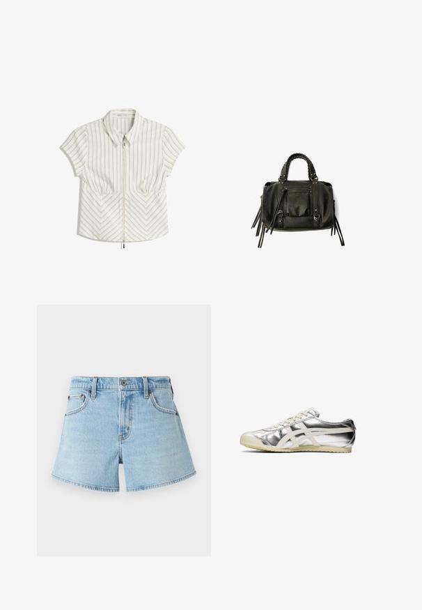 Witte blouse met korte mouwen, voorzien van verticale en chevronstrepen, met een rits aan de voorkant, puntige kraag en twee voorzakken.; Lichtblauwe denim shorts met een klassiek vijf-pocket ontwerp, geborduurde accenten en een rauw afgewerkte zoom. Voorzien van een metalen knoop en ritssluiting.; Zilveren metallic sneaker met witte accenten en veters. Beschikt over een gestructureerd oppervlak, een ronde neus en een rubberen zool met een patroon voor grip.; Zwarte lederen handtas met gevlochten handvatten, ritsvak en hangende franjes. Gelaagde oppervlakte met metalen studs en hardwareaccenten.