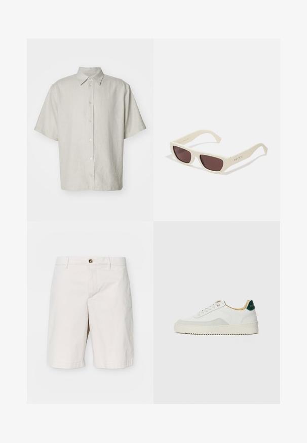 Košeľa s krátkymi rukávmi a golierom v svetlej béžovej farbe s jemnou ryhovanou textúrou, s piatimi gombíkmi na prednej strane a voľným strihom.; J.LINDEBERG SHANE CLOUD - Šortky - moonbeam; Biele tenisky s semišovými akcentmi, zaoblenou špičkou, plochými šnúrkami a krémovou gumovou podrážkou. Na päte sú zelené značky.; Gucci UNISEX - Slnečné okuliare - ivory-ivory-brown