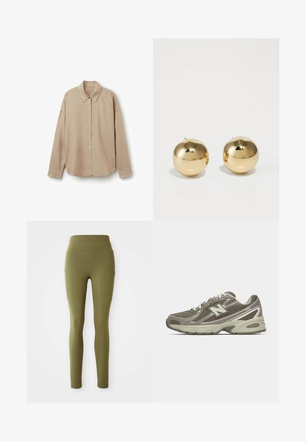 Beige košile s dlouhým rukávem vyrobená z lehké tkaniny, s límečkem, zapínáním na knoflíky a zaobleným lemem. Hladká textura, uvolněný střih.; Olivově zelené legíny s vysokým pasem, bočními kapsami a švy, vystavené na bílém pozadí.; Sportovní obuv v šedé a béžové síťovině s texturovaným povrchem, vybavená polstrovanou podrážkou, bílými šňůrkami a reflektivními stříbrnými akcenty.; Zlaté kulaté náušnice s hladkým povrchem a malým tácem. Mají jemnou texturu a odrazový povrch.
