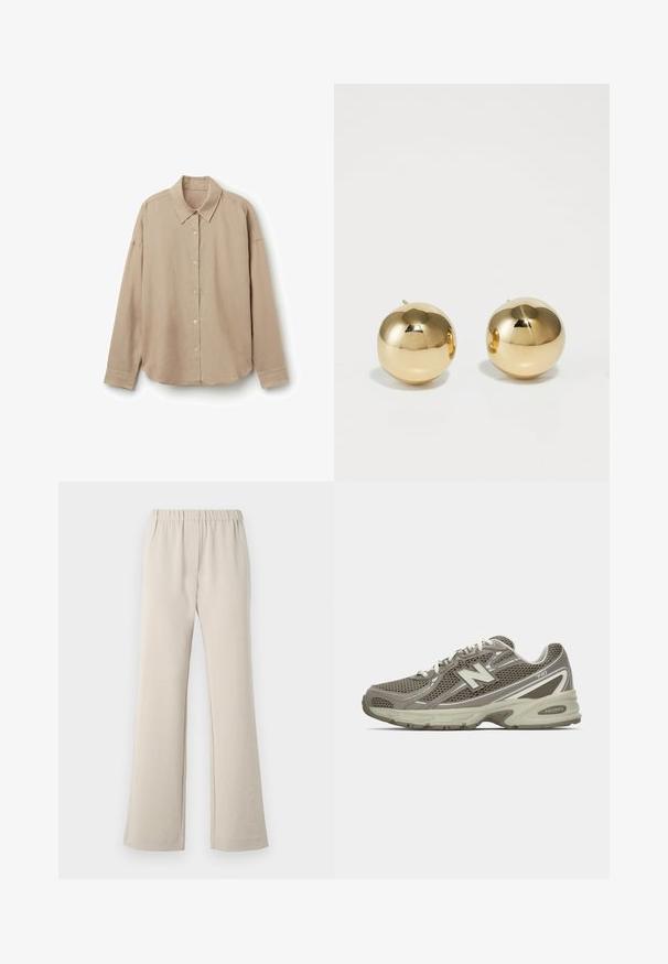 Beige košile s dlouhým rukávem vyrobená z lehké tkaniny, s límečkem, zapínáním na knoflíky a zaobleným lemem. Hladká textura, uvolněný střih.; Beige rozšířené kalhoty vyrobené z hladkého materiálu s elastickým pasem a minimálními detaily. Navrženo pro pohodlí a snadné nošení.; Sportovní obuv v šedé a béžové síťovině s texturovaným povrchem, vybavená polstrovanou podrážkou, bílými šňůrkami a reflektivními stříbrnými akcenty.; Zlaté kulaté náušnice s hladkým povrchem a malým tácem. Mají jemnou texturu a odrazový povrch.