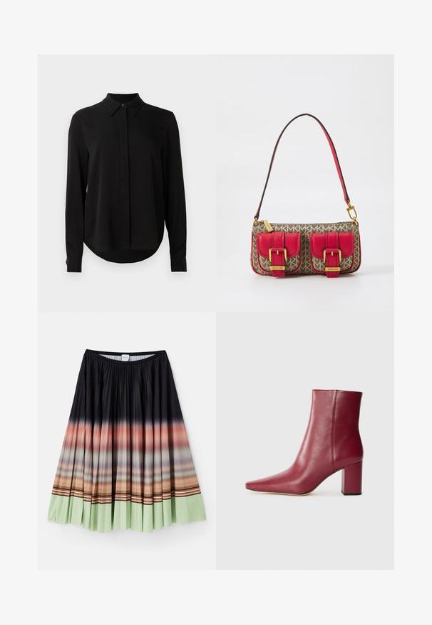Blusa negra de manga larga con cuello puntiagudo, tapeta de botones oculta y dobladillo curvado sobre un fondo blanco liso.; Falda plisada en negro con un degradado ombré que va del naranja al verde menta en el dobladillo, con detalles de rayas coloridas.; Botín de cuero burdeos con punta afilada, tacón cuadrado y textura lisa, que presenta un diseño sin costuras y sin hardware visible.; Bolso con un patrón geométrico marrón, detalles en cuero rojo, dos bolsillos frontales con hebillas y una correa de hombro delgada. Detalles en hardware dorado.