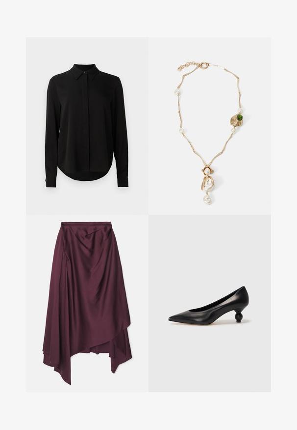 Bluză lungă neagră cu mâneci lungi, guler ascuțit, placket cu nasturi ascunși și tiv curbat pe un fundal alb simplu.; Fustă satin burgundă, cu un tiv asimetric, prezentând drapaj moale și o textură netedă. Fără închideri vizibile sau modele.; Pantofii cu toc înalt din piele neagră, cu vârf ascuțit și toc rotund, mimos. Textură netedă, cu un design elegant și minimalist.; Colier din metal auriu, cu verigi răsucite, perle albe și un accent din piatră verde. Prezintă detalii intricate și un sistem de închidere.