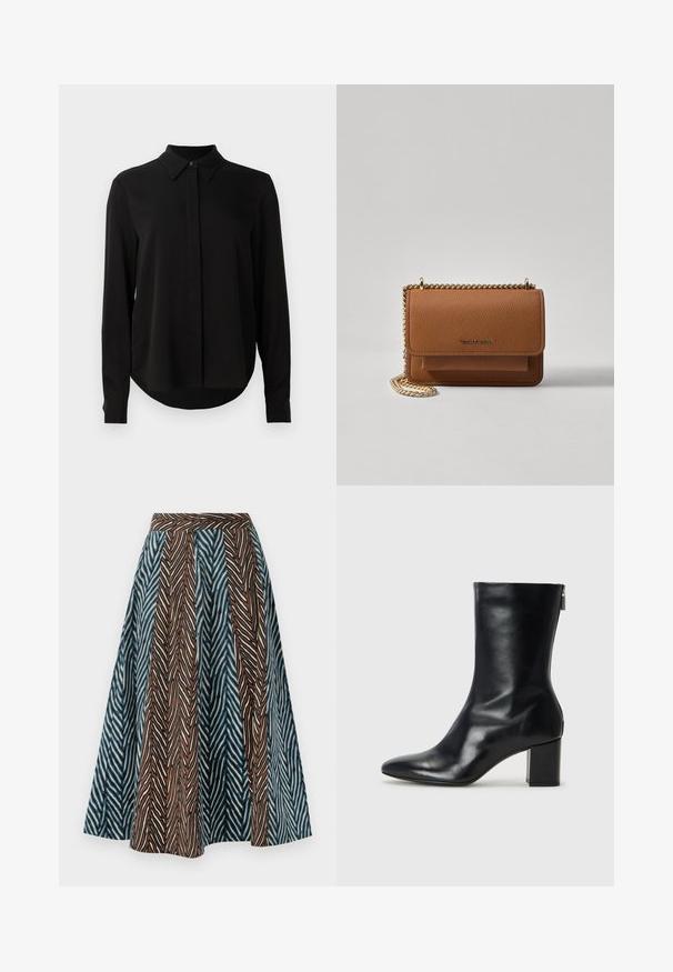Blouse noire à manches longues avec col pointu, patte de boutonnage dissimulée et ourlet arrondi sur fond blanc uni.; Jupe midi marron et bleue avec un motif zigzag, un design plissé et une taille ajustée. Fabriquée en tissu léger.; Bottine en cuir noir avec un bout pointu et un talon carré de 4 cm. Design élégant avec une fermeture éclair sur le côté pour un enfilage facile. Texture lisse.; Sac en cuir texturé marron en bandoulière avec une sangle en chaîne dorée et une fermeture à rabat. L'avant présente un détail de logo et une poche sous le rabat.